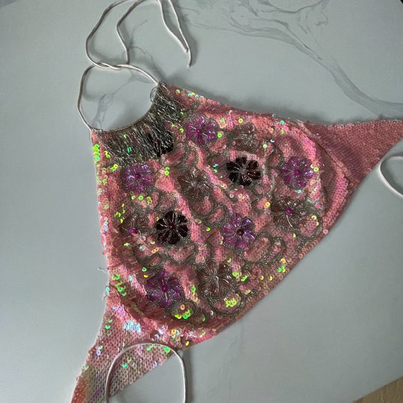 Topshop Pink Sequin Halter Tie Neck Crop Top - Picture 7 of 9